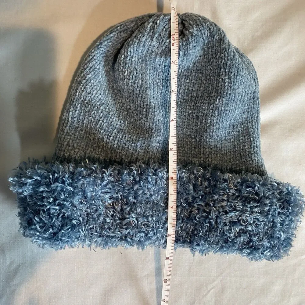 Womens beanie fine Knit lined hat blue slouchy or cuffed faux sherpa brim
